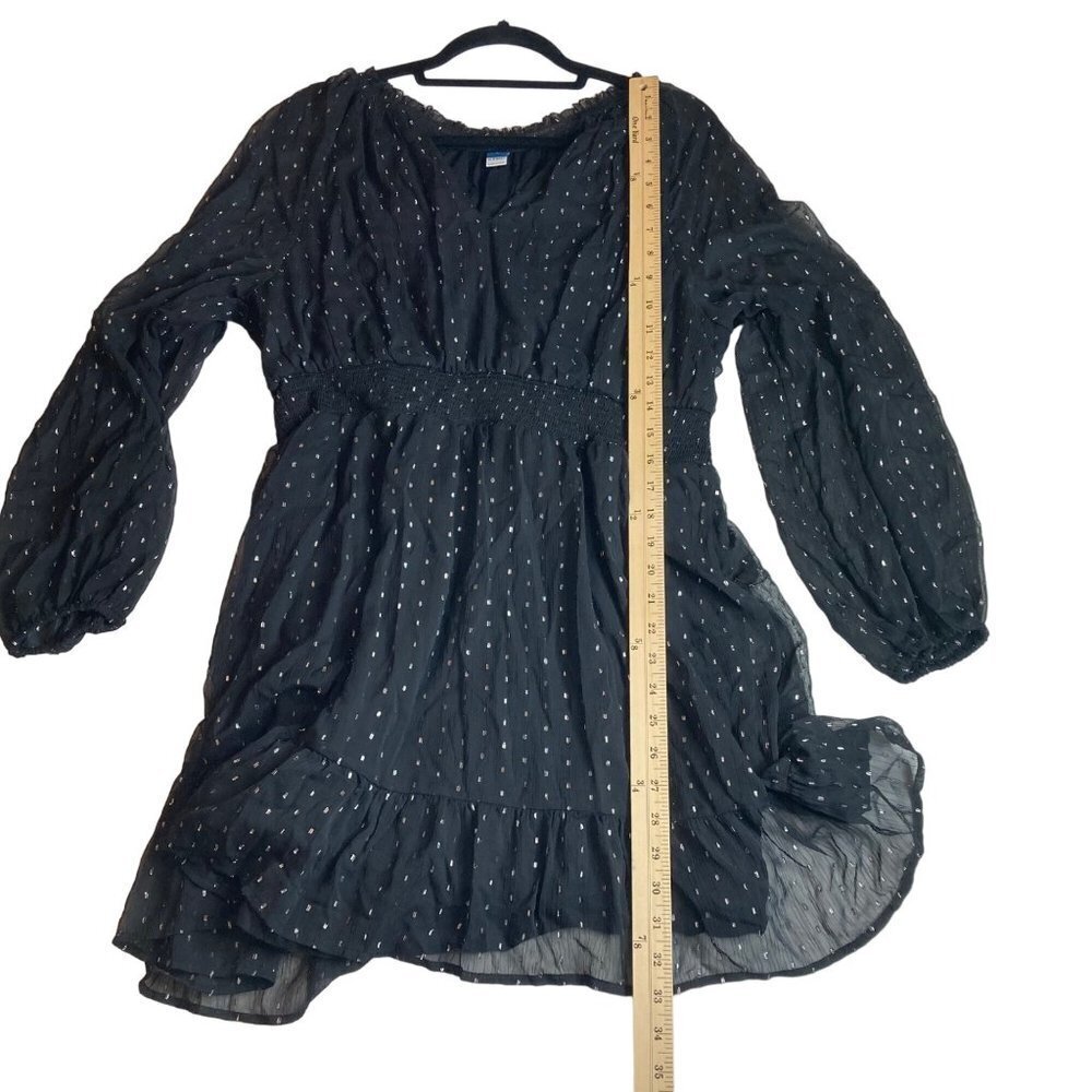 Old Navy Balloon‎ Sleeve Dress Sz L Black Metallic Silver Sheer Chiffon Lined - Picture 6 of 7